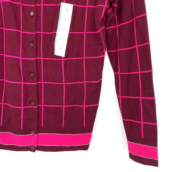 Merona Crew Neck Cardigan Sweater Womens M Two Tone Pink Maroon Grid Print NEW - Picture 4 of 8